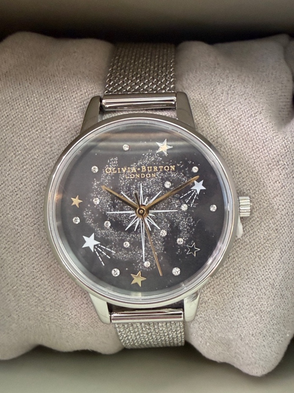 OLIVIA BURTON Silver Mesh Watch with Black Star Dial and Gold Accents